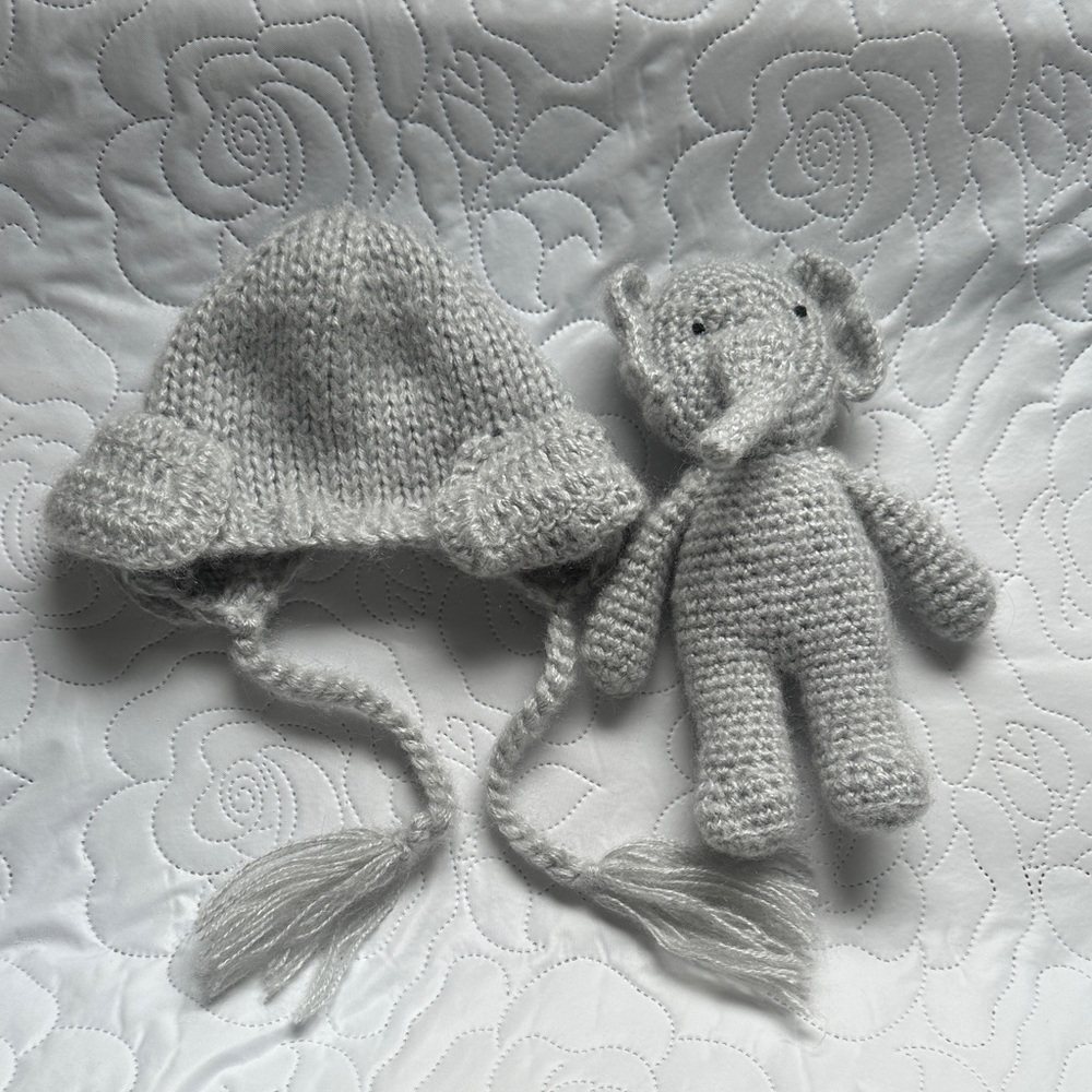 Newborn Handmade Light Gray Knit Baby Hat & Elephant Plush Set for newborn photo